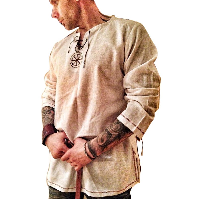 Rela Bota Men's Fashion Cotton Linen Shirt Long Sleeve Solid Color Ethnic Beach Yoga Top Khaki XL - Image 1